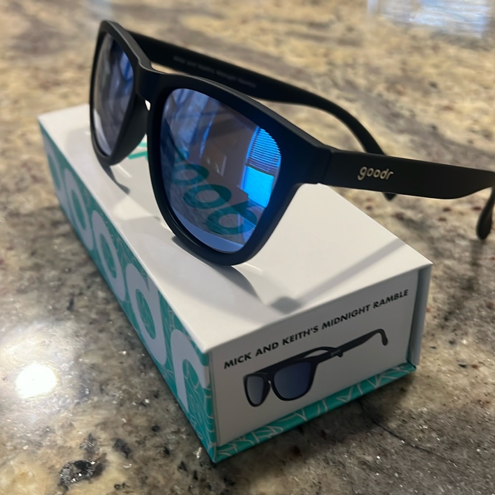 Black goodr sunglasses, polarized, known for no slipping or bouncing